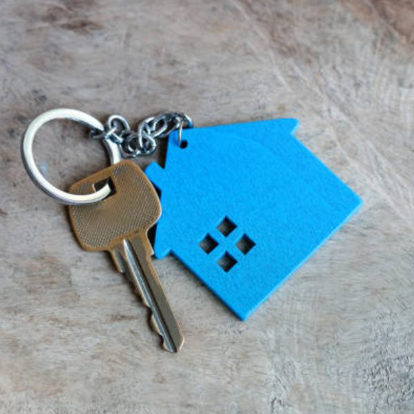 Home Shape Metal Keychain in blue color