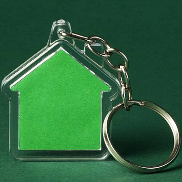 Home Shape Metal Keychain in green color