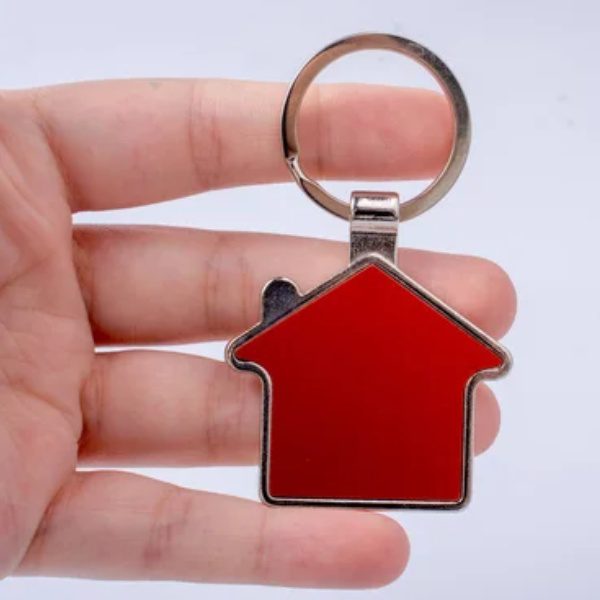 Home Shape Metal Keychain in red color
